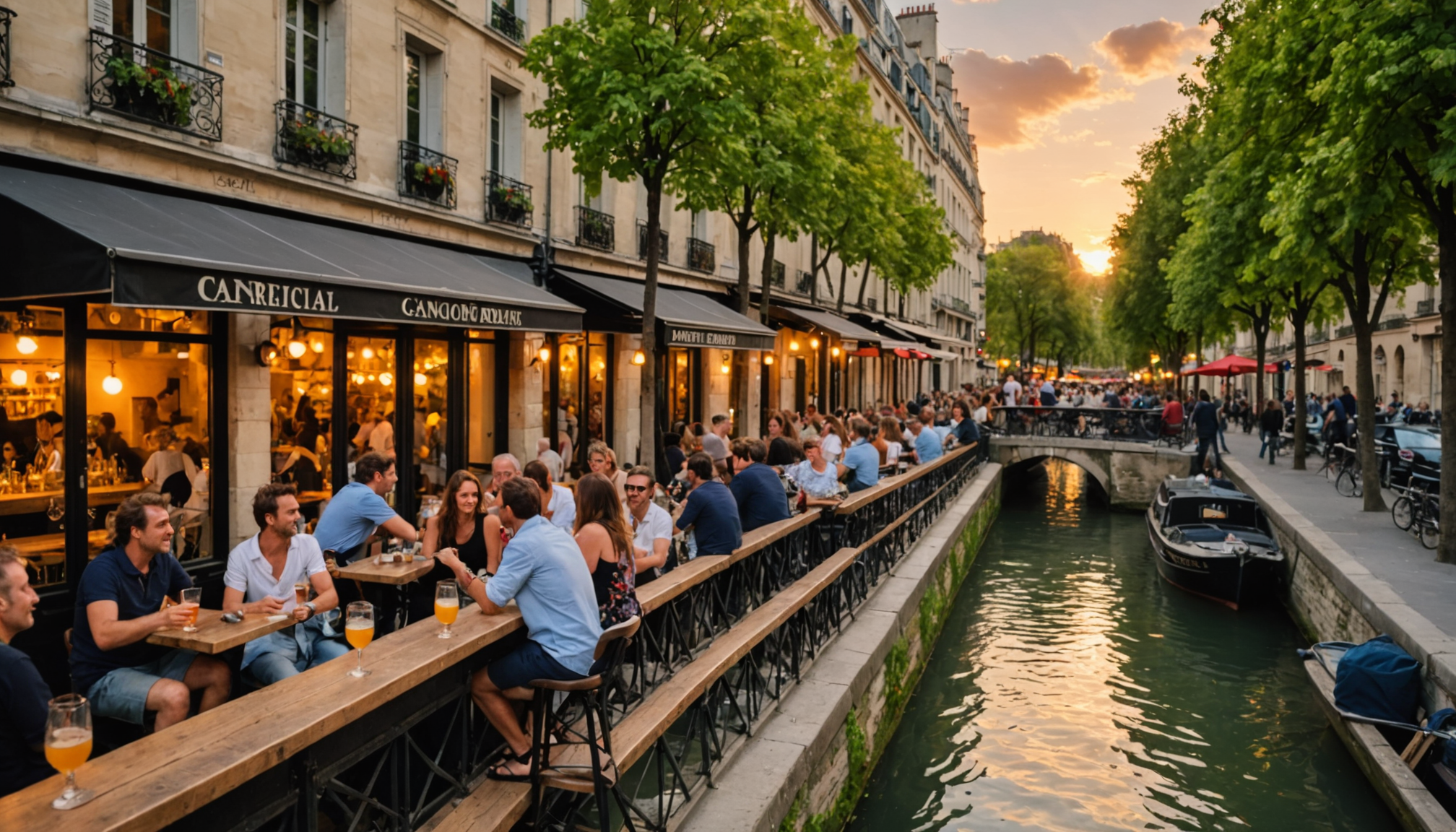 profitez d’un apéritif convivial sur une terrasse au bord des canaux : ambiance détendue, vue agréable et lieux parfaits pour partager un verre entre amis à la belle saison.